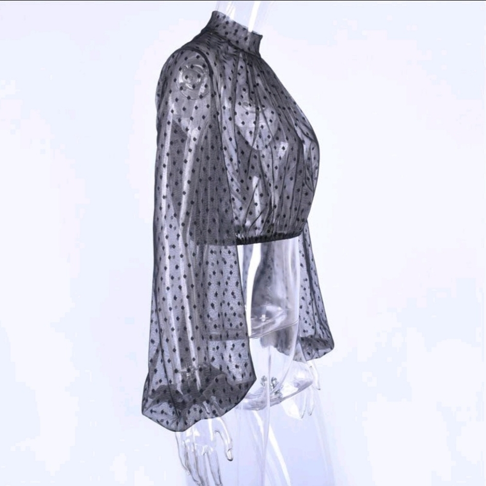 Women's Black Lace Polka Dot Turtleneck Long Sleeve Blouse - Picture 6 of 13